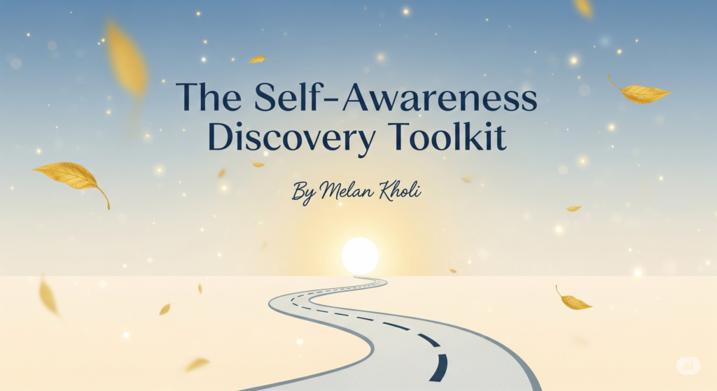 A serene graphic titled "The Self-Awareness Discovery Toolkit" by MeLan Kholi, featuring a road leading toward a rising sun with floating golden leaves.