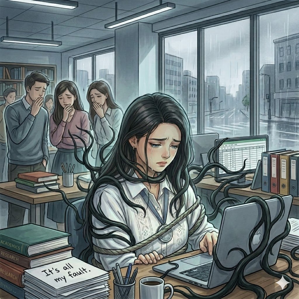 MeLan Kholi at her work space feeling like she is the curse that she is carrying it from her childhood and upset about it.