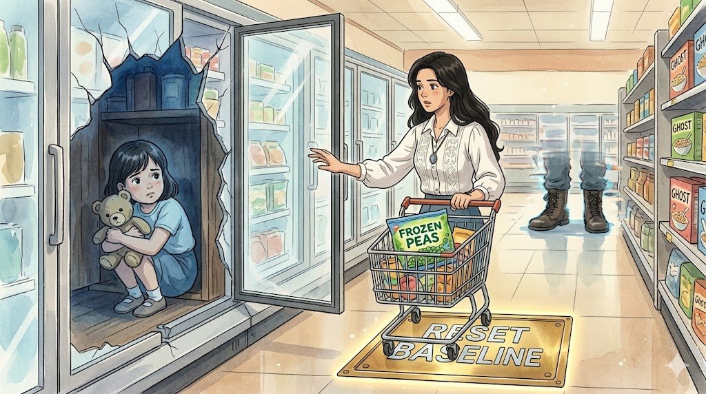 Woman shopping, girl hiding, eerie atmosphere