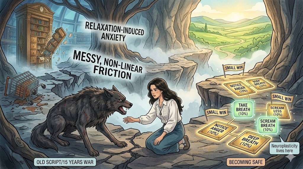 Woman confronting wolf in surreal landscape