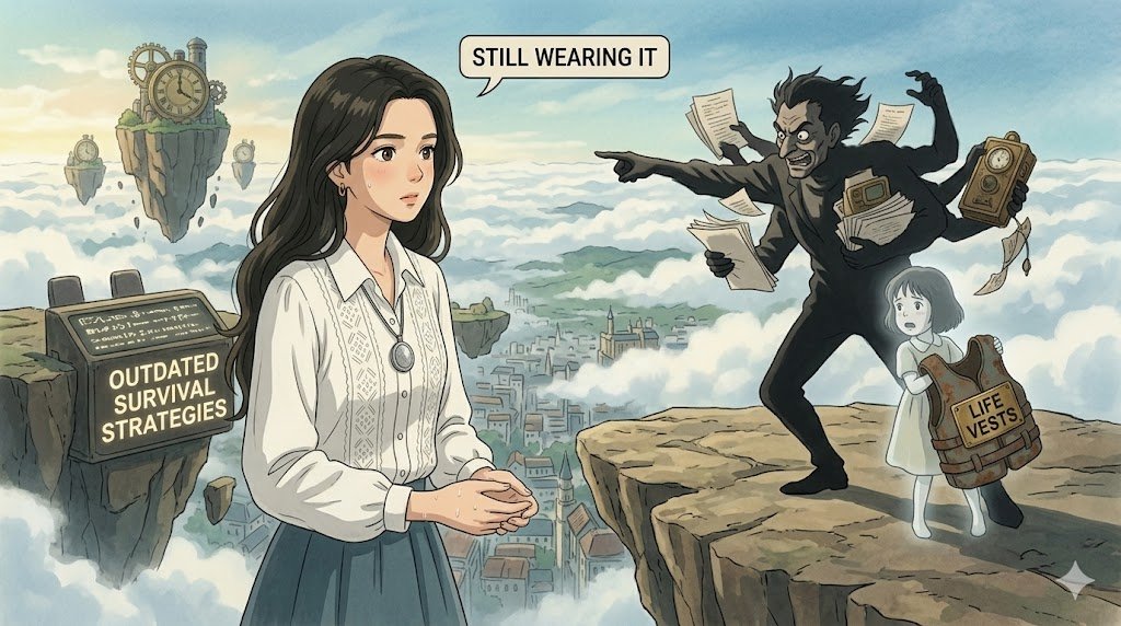 Anime-style illustration of a woman confronting a multi-armed figure and a child holding a "life vest," symbolizing the release of outdated survival strategies.