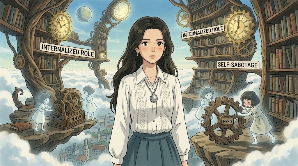Anime illustration of a woman standing between bookshelves as spectral figures manipulate gears labeled "Internalized Role" and "Self-Sabotage."