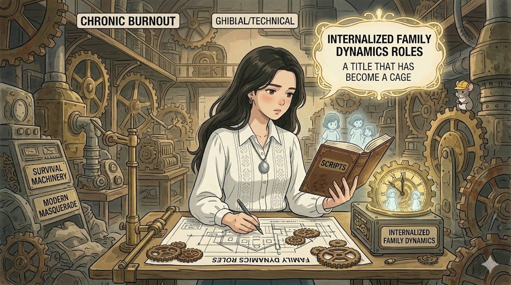 Anime-style illustration of a woman at a desk in a mechanical workshop, mapping out "Internalized Family Dynamics" and "Scripts."
