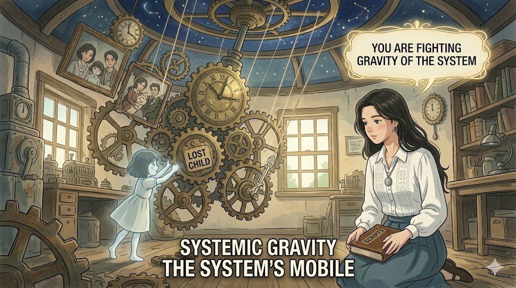 Anime-style illustration of a woman in a mechanical room with a spectral child interacting with a gear labeled "Lost Child."