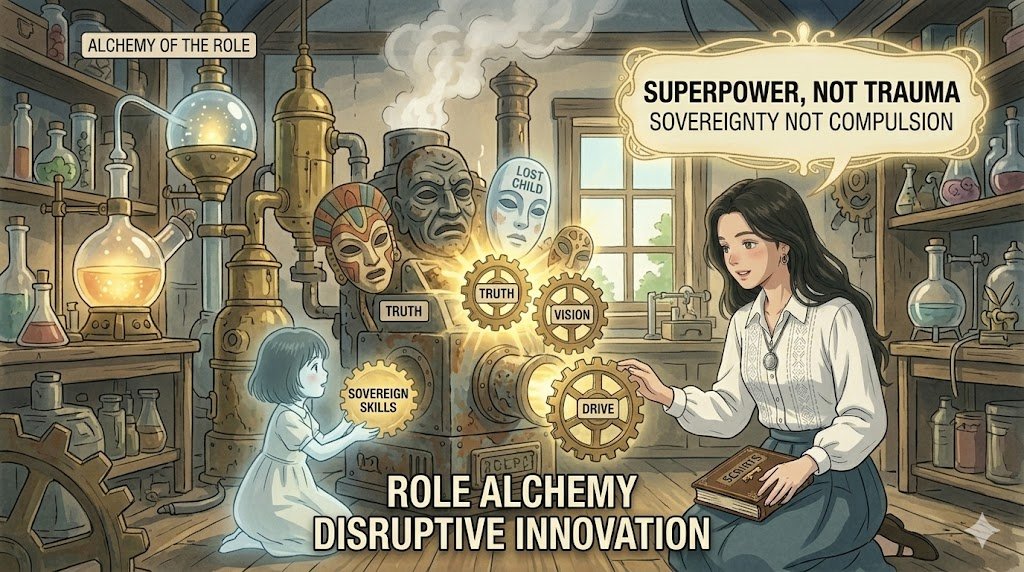Anime illustration of a woman using an alchemist’s machine to transform trauma into sovereign skills, vision, and drive.
