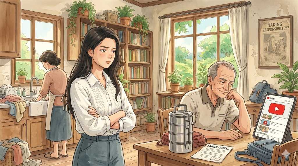 Illustration of a woman looking troubled as she stands near a man watching YouTube, while a woman in the background does dishes.