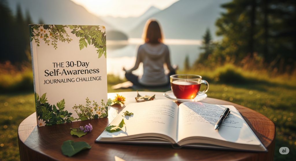 A book titled "The 30-Day Self-Awareness Journaling Challenge" sits on a table next to an open journal and tea, with a person meditating in the background.
