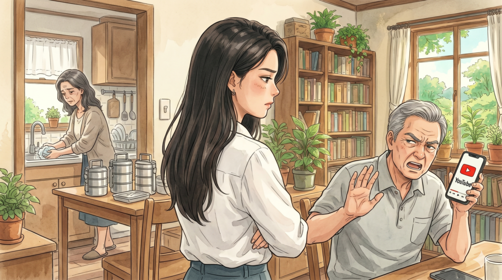Illustration of a tense family confrontation where a young woman faces an older man holding a phone showing YouTube, while an older woman washes dishes in the background.