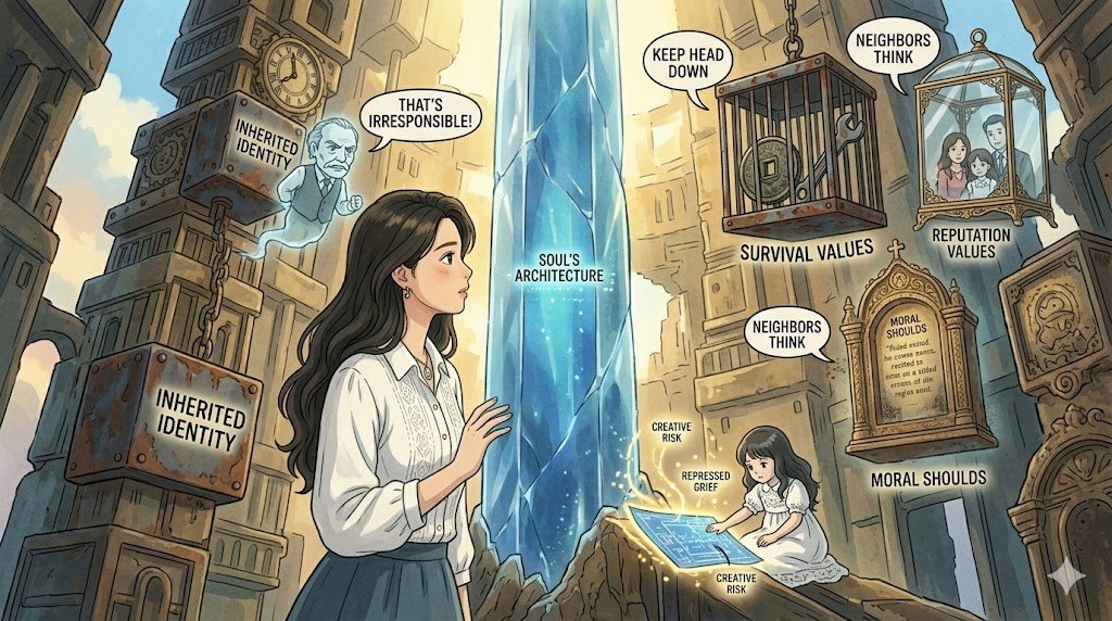 Anime-style illustration of a woman standing near a glowing crystal pillar while a spectral figure and child interact with structures labeled "Inherited Identity," "Survival Values," and "Moral Shoulds."