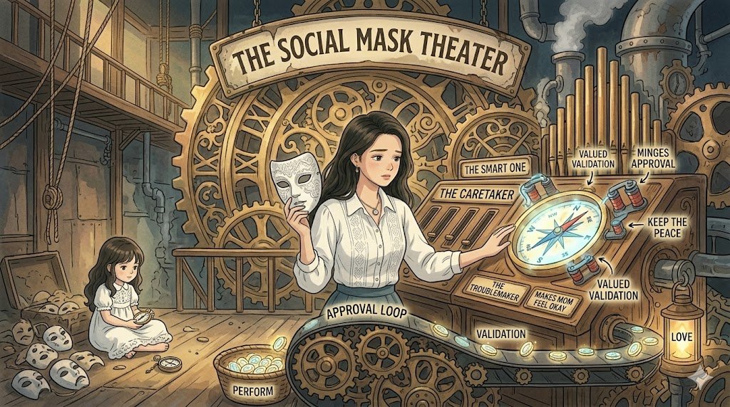 Anime-style illustration of a woman holding a mask in front of a mechanical control panel labeled "The Social Mask Theater," while a young girl sits nearby sorting masks.