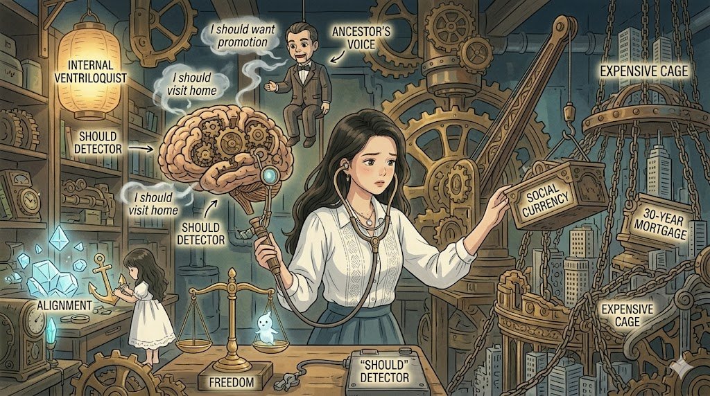 Anime-style illustration of a woman using a stethoscope on a mechanical brain connected to "Should Detector" machinery, surrounded by elements like "Ancestor's Voice," "Social Currency," and an "Expensive Cage."