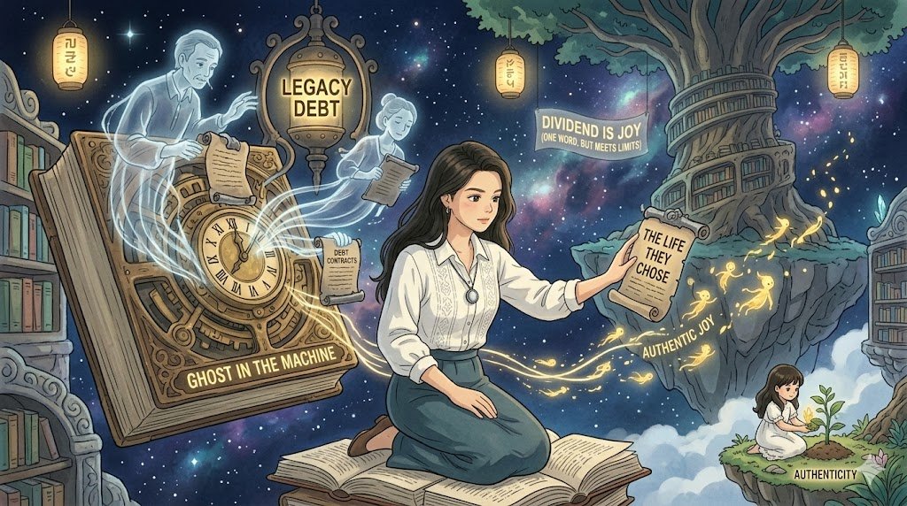 Anime-style illustration of a woman holding a scroll reading "The Life They Chose" while spectral figures handle "Legacy Debt" and "Ghost in the Machine" elements beneath a starry sky.
