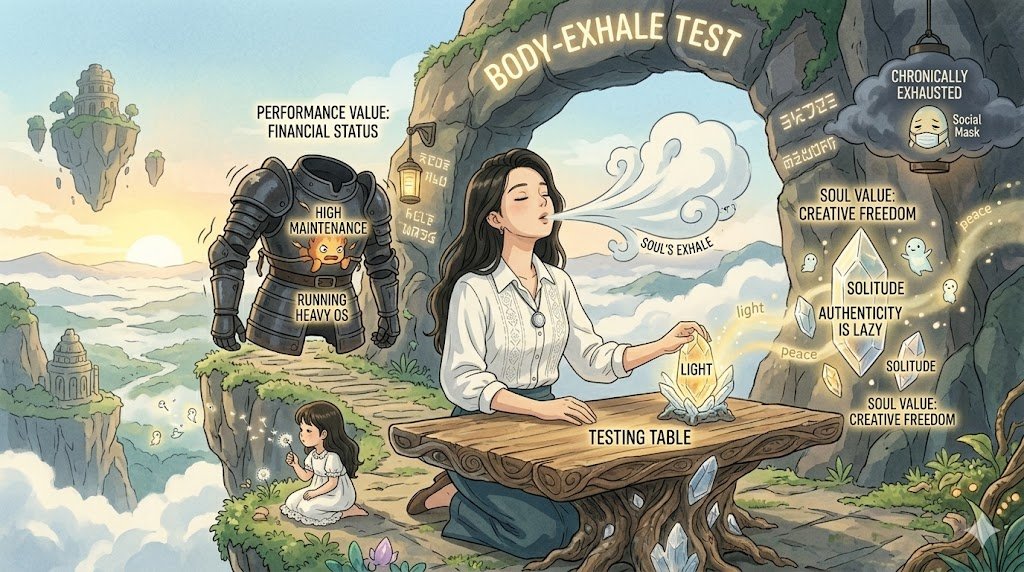 Anime-style illustration of a woman performing a "Body-Exhale Test" at a testing table, releasing a "Soul's Exhale" while a heavy suit of armor and glowing crystals labeled "Creative Freedom" stand nearby.